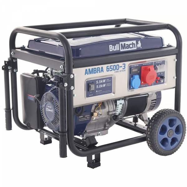 BullMach AMBRA 6500-3 - Benzin-Stromerzeuger auf Rädern mit AVR-Regelung 5.5 kW - Dauerleistung 5 kW - 400V