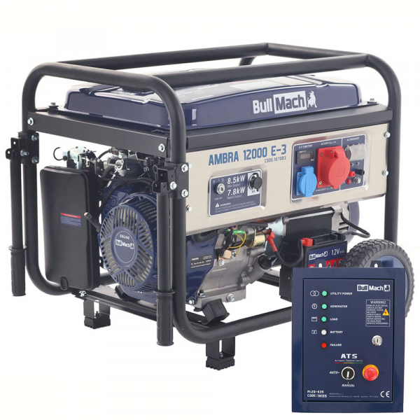 BullMach AMBRA 12000 E-3 - Benzin-Stromerzeuger mit Rädern 8.5 kW - Dauerleistung 7.8 kW - 400V + ATS
