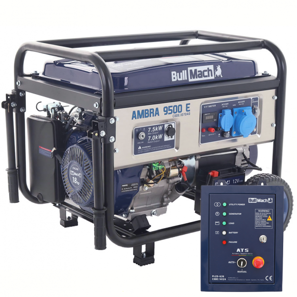 BullMach AMBRA 9500 E - Benzin-Stromerzeuger auf Rädern mit AVR-Regelung - 7.5 kW - Dauerleistung 7 kW - 230V + ATS