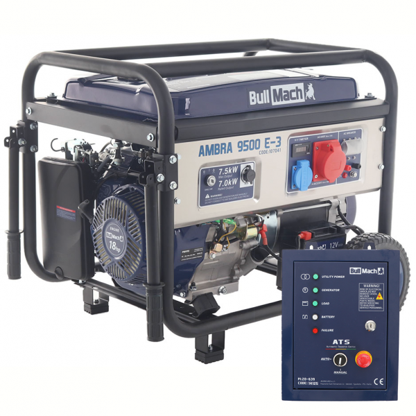 BullMach AMBRA 9500 E-3 - Benzin-Stromerzeuger auf Rädern mit AVR-System 7.5 kW - Dauerleistung 7 kW - 400V + ATS