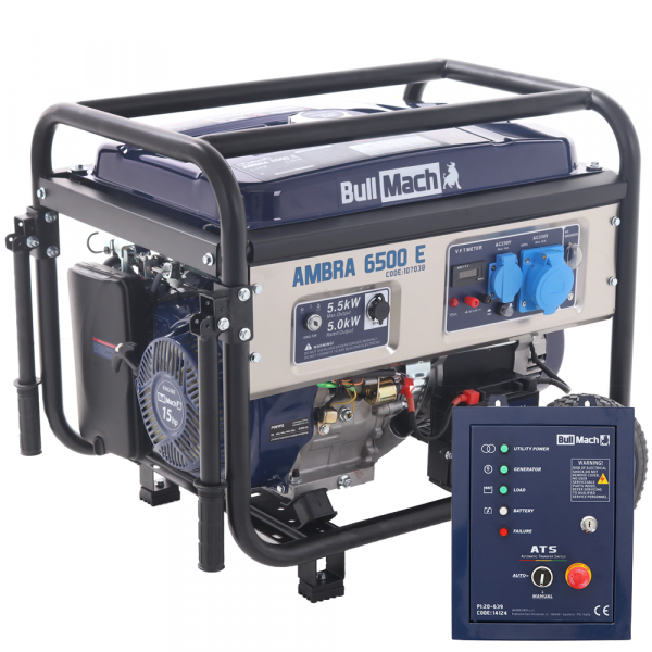 BullMach AMBRA 6500 E - Benzin-Stromerzeuger auf Rädern mit AVR-Regelung 5.5 kW - Dauerleistung 5 kW - 230V + ATS