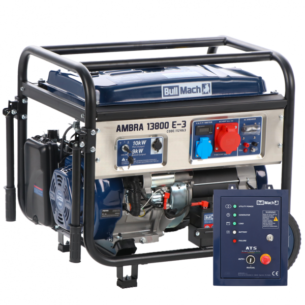 BullMach AMBRA 13800 E-3 - Benzin-Stromerzeuger auf Rädern mit AVR Max. Leistung 10 kW - 9 kW PRP - 400V + ATS