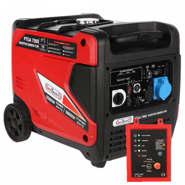 GeoTech-Pro PTGA 7500 - Leiser Inverter-Stromerzeuger mit Rädern 5,8 kw - Dauerleistung 5,5 kw - 230V + ATS