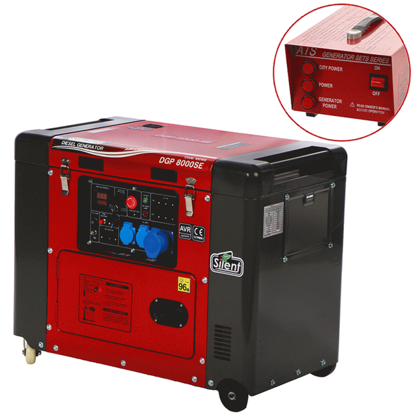 GeoTech Pro DGP8000SE - Diesel-Stromerzeuger leise mit Rädern mit AVR-Regelung 6 kW - Dauerleistung 5.5 kW - 230V + ATS