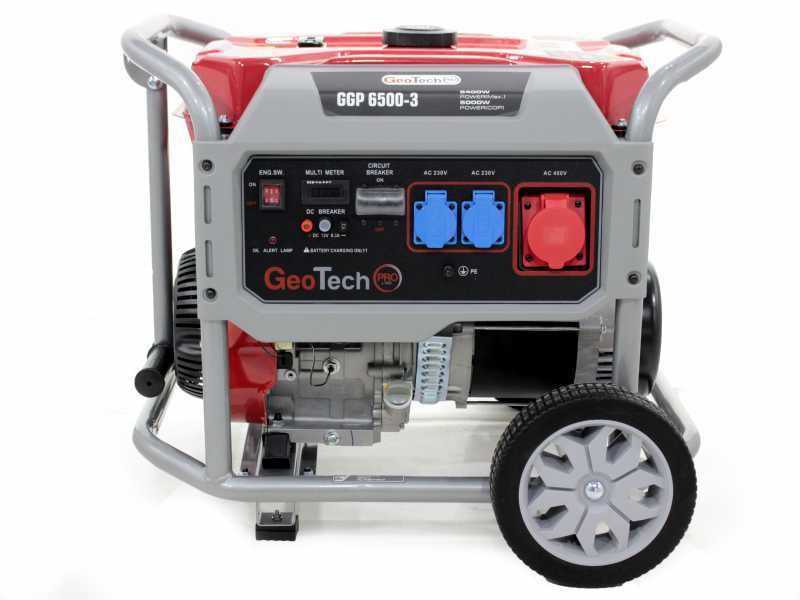 GeoTech Pro GGP 6500-3 - Benzin-Stromerzeuger mit R&auml;dern und AVR-Regelung 5.4 kW - Dauerleistung 5 kW - 400V
