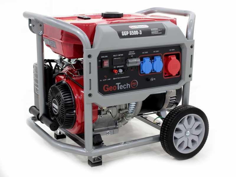 GeoTech Pro GGP 6500-3 - Benzin-Stromerzeuger mit R&auml;dern und AVR-Regelung 5.4 kW - Dauerleistung 5 kW - 400V