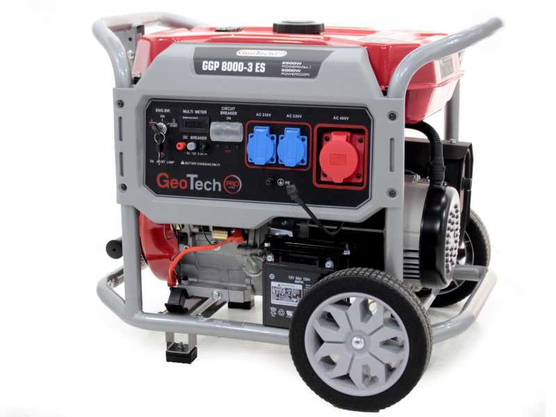 GeoTech Pro GGP 8000-3 ES -  Benzin-Stromerzeuger mit R&auml;dern mit AVR-Regelung 6.5 kW - Dauerleistung 6 kW - 400V