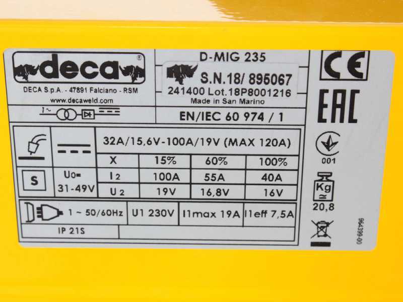 F&uuml;lldraht-Schwei&szlig;ger&auml;t Deca D-MIG 235 - MIG-MAG/NO GAS - 120A - 230V - Zubeh&ouml;r