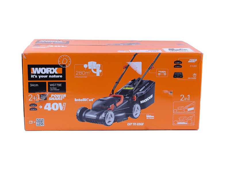 Worx WG779E - Akku Rasenm&auml;her - 2x20V/2,5Ah - 34 cm Schnittbreite