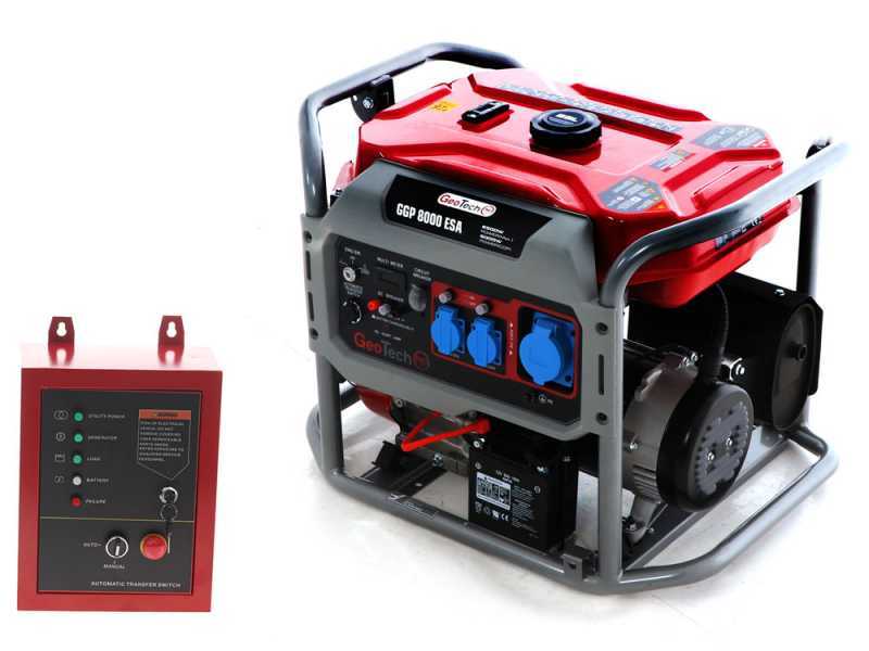 GeoTech Pro GGP 8000 ESA - Benzin-Stromerzeuger mit R&auml;dern und AVR-Regelung und Elektrostarter 6.5 kW - Dauerleistung 6 kW - 230V + ATS