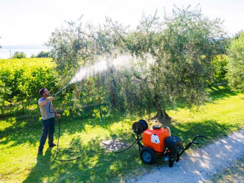 Batteriebetriebene Spritzpumpe Stocker 12 V 80 L art. 303 - Elektrische Spirtzpumpe auf Wagen mit Spritzgest&auml;nge und Anh&auml;ngerkupplung