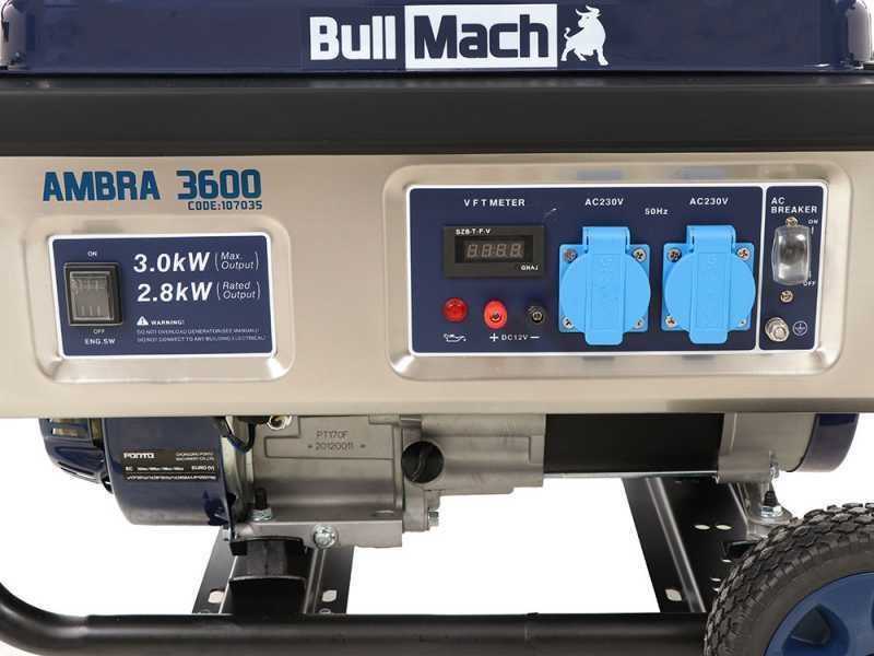 BullMach AMBRA 3600 - Benzin-Stromerzeuger mit R&auml;dern und AVR-Regelung 3 kW - Dauerleistung 2.8 kW - 230V
