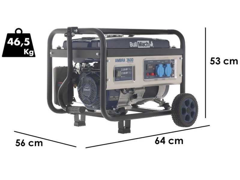 BullMach AMBRA 3600 - Benzin-Stromerzeuger mit R&auml;dern und AVR-Regelung 3 kW - Dauerleistung 2.8 kW - 230V