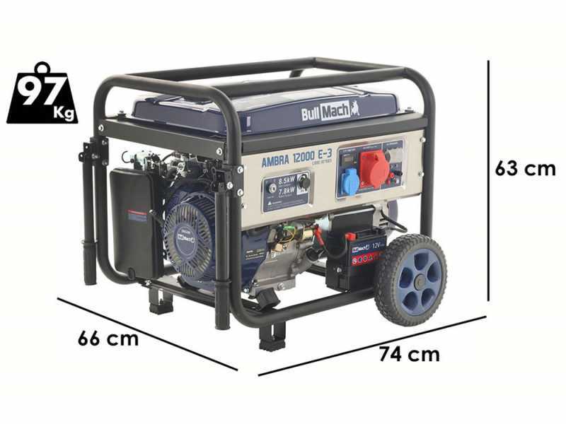 BullMach AMBRA 12000 E-3 - Benzin-Stromerzeuger mit R&auml;dern mit AVR-Regelung 8.5 kW - Dauerleistung 7.8 kW - 400V