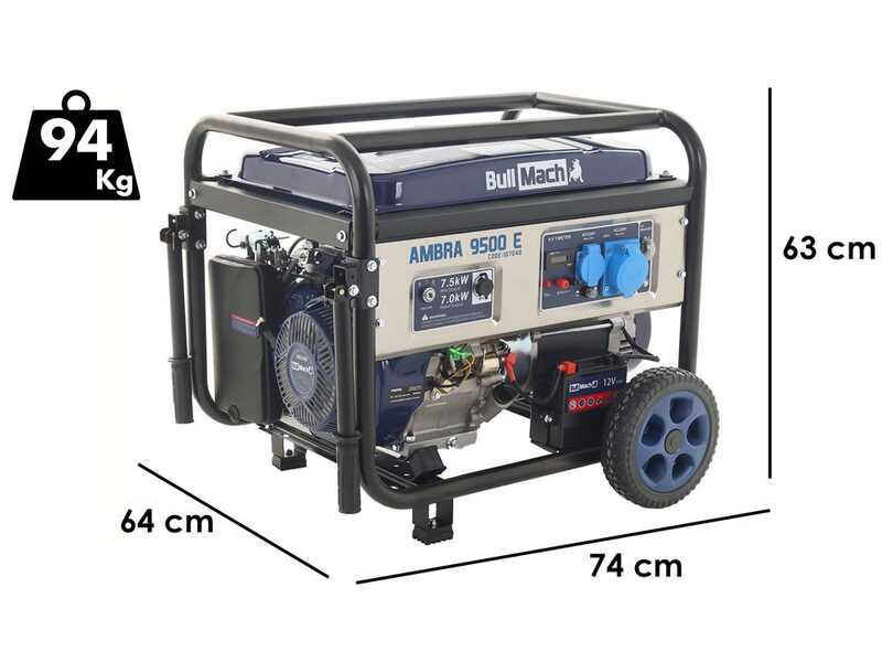 BullMach AMBRA 9500 E - Benzin-Stromerzeuger mit R&auml;dern mit AVR-Regelung 7.5 kW - Dauerleistung 7 kW - 230V