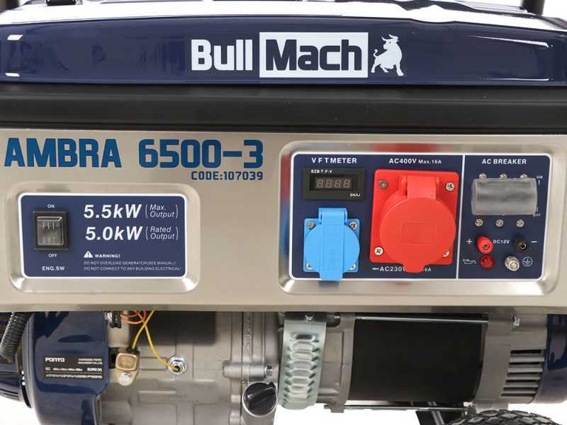BullMach AMBRA 6500-3 - Benzin-Stromerzeuger auf R&auml;dern mit AVR-Regelung 5.5 kW - Dauerleistung 5 kW - 400V