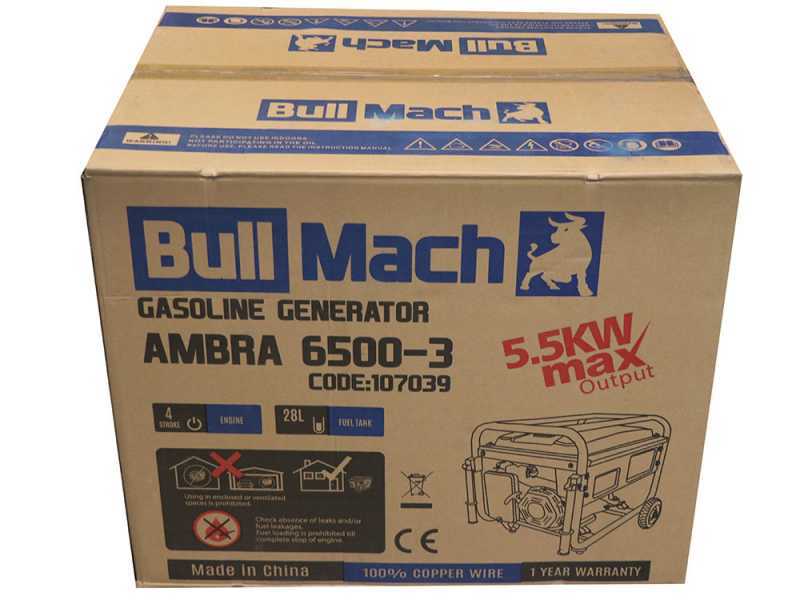 BullMach AMBRA 6500-3 - Benzin-Stromerzeuger auf R&auml;dern mit AVR-Regelung 5.5 kW - Dauerleistung 5 kW dreiphasig