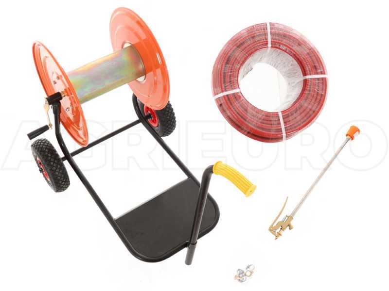 Schlauchhaspel mit Wagen - Epoxidfarbe - Schlauch 100 m - 20 bar - mit Hebellanze aus Messing