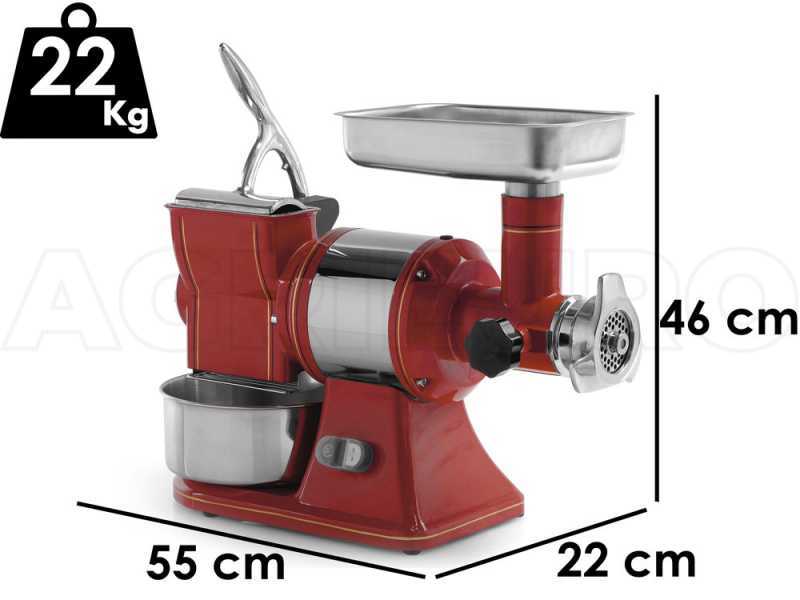 FAMA TG12 RETRO - Elektrischer Fleischwolf - Mit integrierter K&auml;sereibe - Schneideeinheit aus Edelstahl - 230V