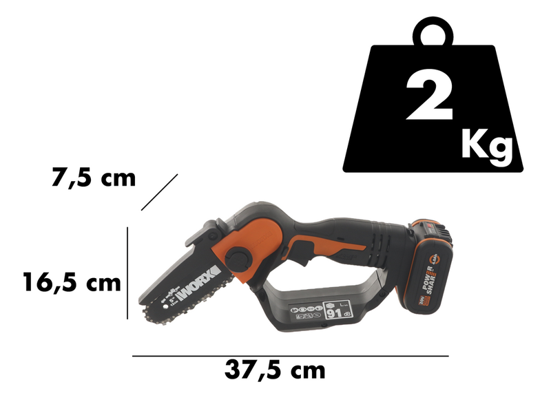 Worx WG324E - Akku-Handkettens&auml;ge 20V 2 Ah + Verl&auml;ngerungsschaft
