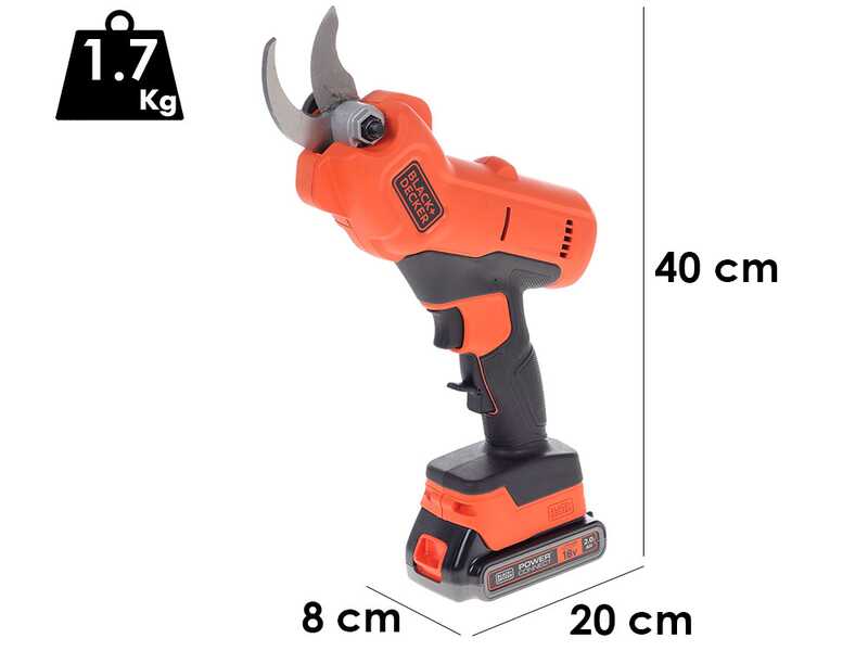 Akku-Gartenschere Black &amp; Decker BCPP18D1-QW f&uuml;r die Baumpflege - Akku 18V 2Ah + Gratis 18-V-Akku 2 Ah - Schnittdurchmesser max. 25 mm