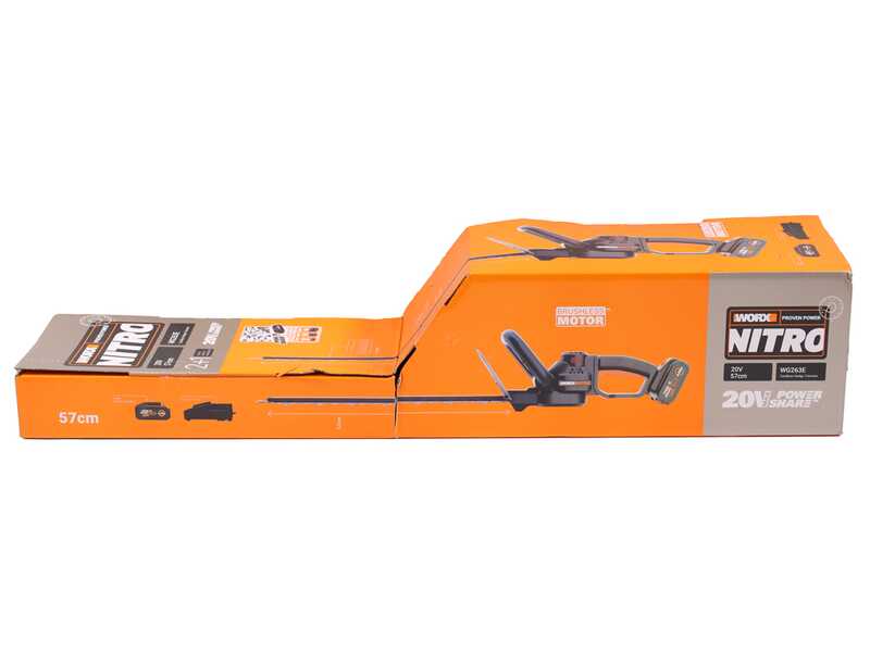 Worx Nitro WG263E &ndash; Akku-Heckenschere 20 V/4 Ah + Gratis-Akku 20 V/4 Ah &ndash; 57 cm langes Messer