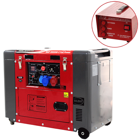 GeoTech Pro DGP8500SE-3 - Leiser Diesel-Stromerzeuger mit R&auml;dern mit AVR-Regelung 6 kW - Dauerleistung 5.5 kW Full-Power + ATS 400V