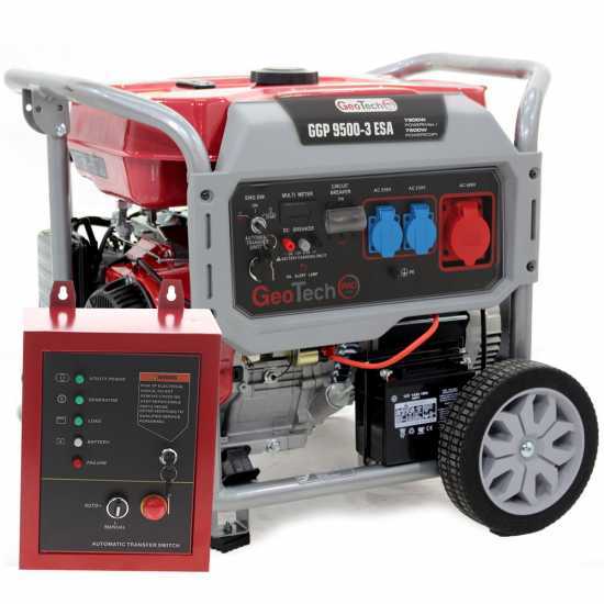 GeoTech Pro GGP 9500-3 ESA - Benzin-Stromerzeuger mit R&auml;dern und AVR-Regelung und Elektrostarter 7.8 kW - Dauerleistung 7.5 kW Full-Power + ATS