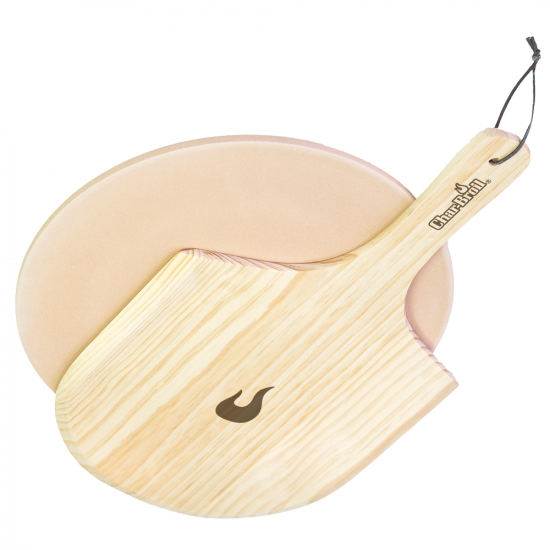 Pizzastein-Set: runde Pizzastein und Holzschieber