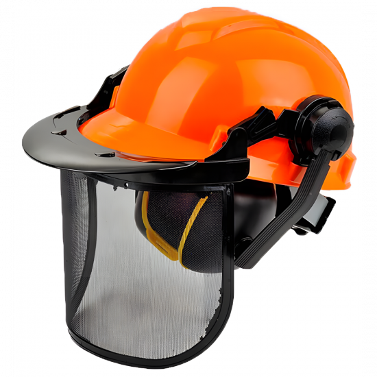 Professioneller Schutzhelm mit Mützenschirm und Schutzkopfhörer