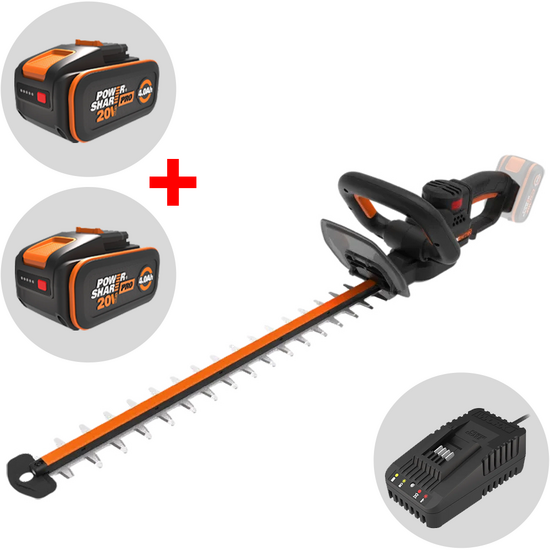Worx Nitro WG263E &ndash; Akku-Heckenschere 20 V/4 Ah + Gratis-Akku 20 V/4 Ah &ndash; 57 cm langes Messer