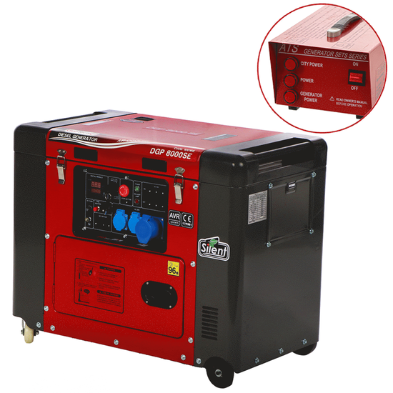 GeoTech Pro DGP8000SE - Diesel-Stromerzeuger leise mit R&auml;dern mit AVR-Regelung 6 kW - Dauerleistung 5.5 kW - 230V + ATS