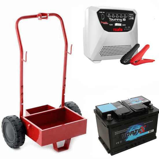 Komplettpaket: Metallwagen + 70 Ah Batterie + Ladeger&auml;t Telwin Touring 18