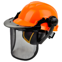 Professioneller Schutzhelm mit Mützenschirm und Schutzkopfhörer